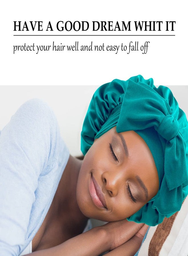 جيلي قبعة نوم من الحرير الساتان، قبعات كبيرة مزودة برباط، وأشرطة قابلة للتعديل، قبعات نوم ليلية للنساء ذوات الشعر المجعد والمضفر (أسود، فيروزي داكن) - Image 2