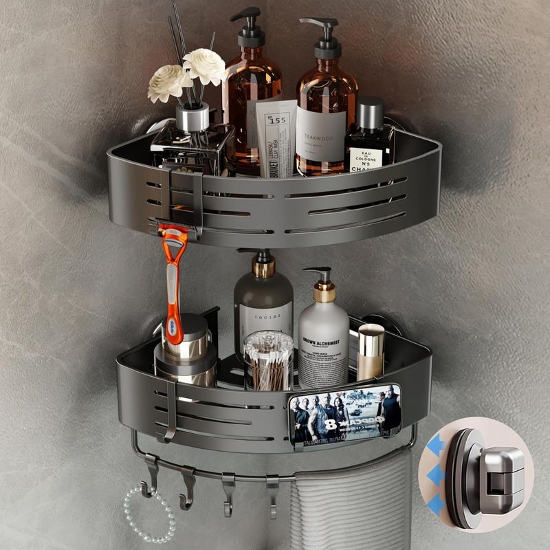 Voldra Corner Shower Caddy Suction Cup, Corner Shower Shelves No Drilling, Aluminum Upgrade Suction Cup Shower Organizer with Towel Bar & Hooks Removable Bathroom Storage Rack(2 Pack, Matte Gray) - Image 1