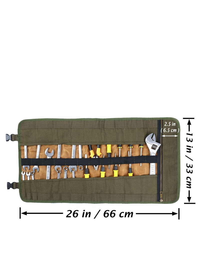 KASTWAVE - Tool Roll, 16OZ Waxed Canvas Roll Up Tool Pouch with Handle & 23 Pockets & 2 Adjustable Buckles Multi Purpose Rolled Tool Bag for Wrench Chisel Hammer - Image 1