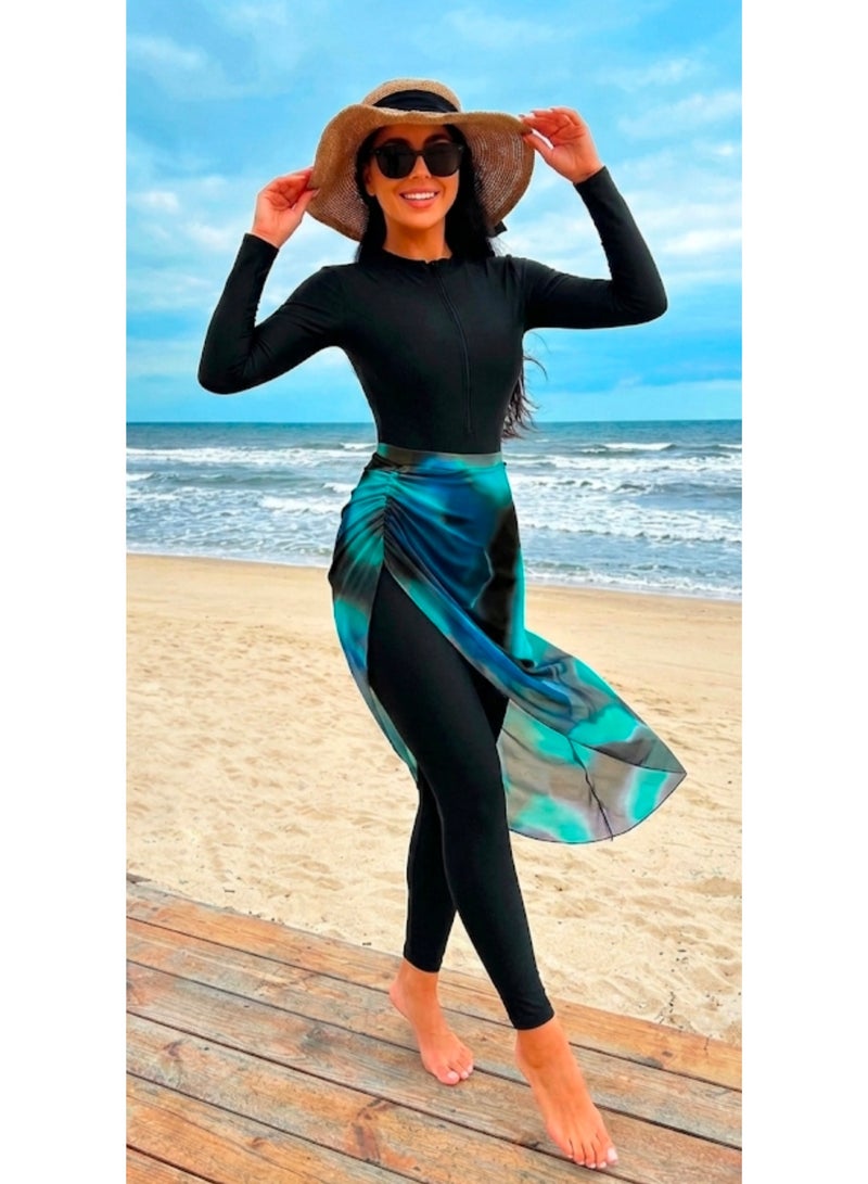 Women's Burkini Modest Swimwear 3-Piece Set (Full Jumpsuit with Front Zipper, Printed Chiffon Skirt & Swim Cap) - Image 3