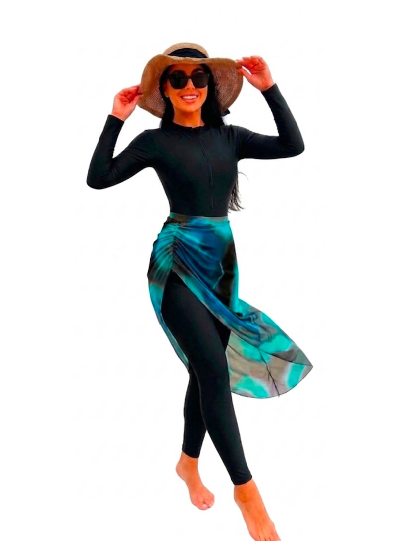 Women's Burkini Modest Swimwear 3-Piece Set (Full Jumpsuit with Front Zipper, Printed Chiffon Skirt & Swim Cap) - Image 1