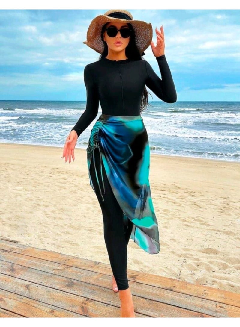 Women's Burkini Modest Swimwear 3-Piece Set (Full Jumpsuit with Front Zipper, Printed Chiffon Skirt & Swim Cap) - Image 2