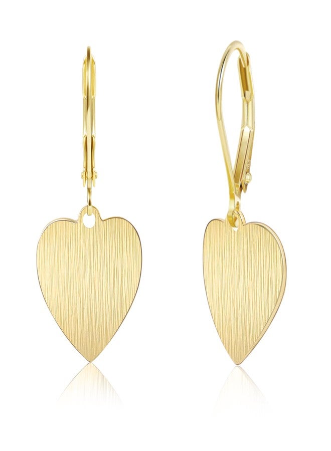 LANCHARMED Sterling Silver Heart Dangle Drop Earrings for Women, 14K Gold Trendy French Style Silver Brushed Heart Leverback Earrings, S925 Hypoallergenic Jewelry for Gifts, 14K Gold, No Gemstone - Image 1