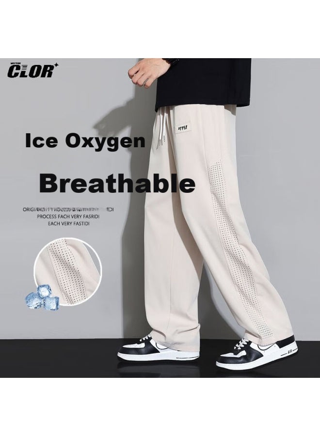 Clor Sports Casual Ice Silk Pants, Autumn And Winter Mesh Breathable Loose Draping Straight Wide-leg Trousers, Cl72 Khaki L - Image 1