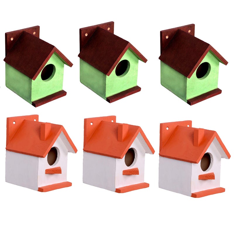 Cket Bird House Combo Nest Box Breeding House for Small Birds Eco Friendly Wooden for Garden Balcony Hanging Orange & Green (Pack of 6) - Image 1