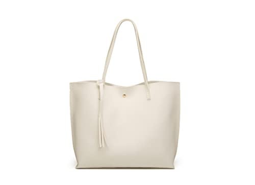 Dreubea Womens Soft Faux Leather Tote Shoulder Bag from Big Capacity Tassel Handbag White