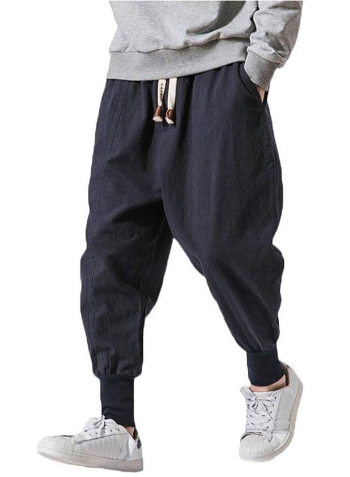 Linen Men's Pants - Loose Fit, Large Size, Trendy Harlem Pants, Lantern Cuff Casual Trousers, Linen Drop Crotch Wide Leg Baggy Harem Pants - Image 1
