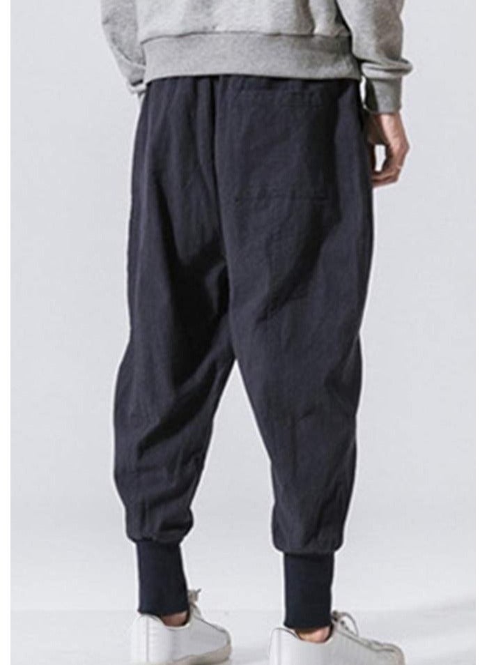 Linen Men's Pants - Loose Fit, Large Size, Trendy Harlem Pants, Lantern Cuff Casual Trousers, Linen Drop Crotch Wide Leg Baggy Harem Pants - Image 2