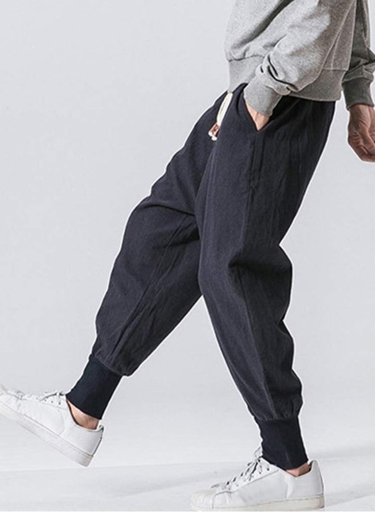 Linen Men's Pants - Loose Fit, Large Size, Trendy Harlem Pants, Lantern Cuff Casual Trousers, Linen Drop Crotch Wide Leg Baggy Harem Pants - Image 3