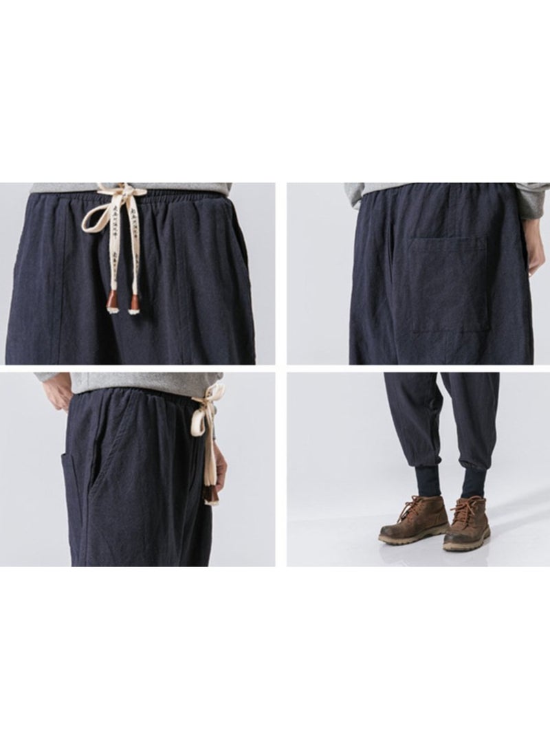 Linen Men's Pants - Loose Fit, Large Size, Trendy Harlem Pants, Lantern Cuff Casual Trousers, Linen Drop Crotch Wide Leg Baggy Harem Pants - Image 4