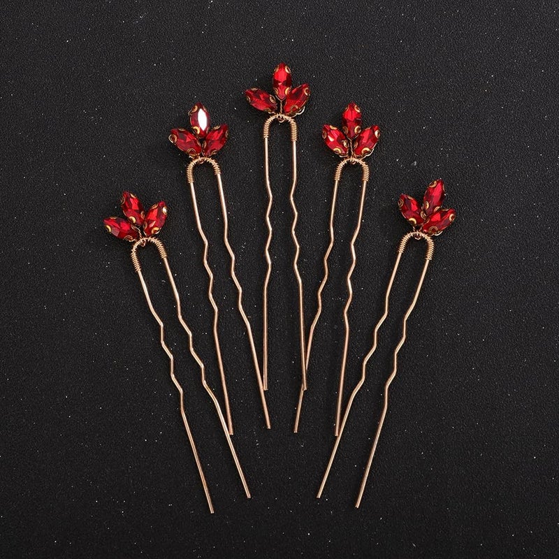 Rumtock 5pcs Red Rhinestones Gold Hair Piece for Women Girls Wedding Bridal Hair Styling Hair Pins Cute Handmade Jewelry Red 