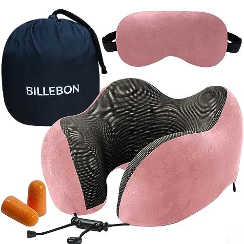 Billebon Premium Memory Foam Travel Neck Pillow Combo with Soft Eye Mask, Carry Bag, and Ear Plugs (Pink with Eye Mask) - Image 1