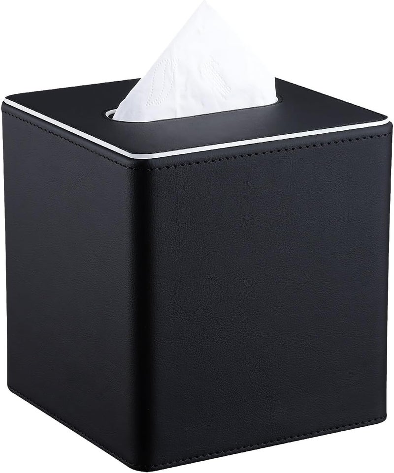 KINGFOM Leather Tissue Box Cover – Square Modern PU Leather Tissue Holder, Cube Tissue Dispenser for Home, Office, Bedroom, Bathroom – Elegant Minimalist Style (Black-Square) - Image 1