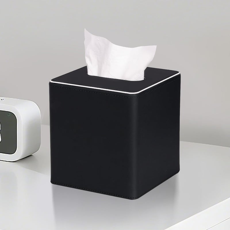 KINGFOM Leather Tissue Box Cover – Square Modern PU Leather Tissue Holder, Cube Tissue Dispenser for Home, Office, Bedroom, Bathroom – Elegant Minimalist Style (Black-Square) - Image 4