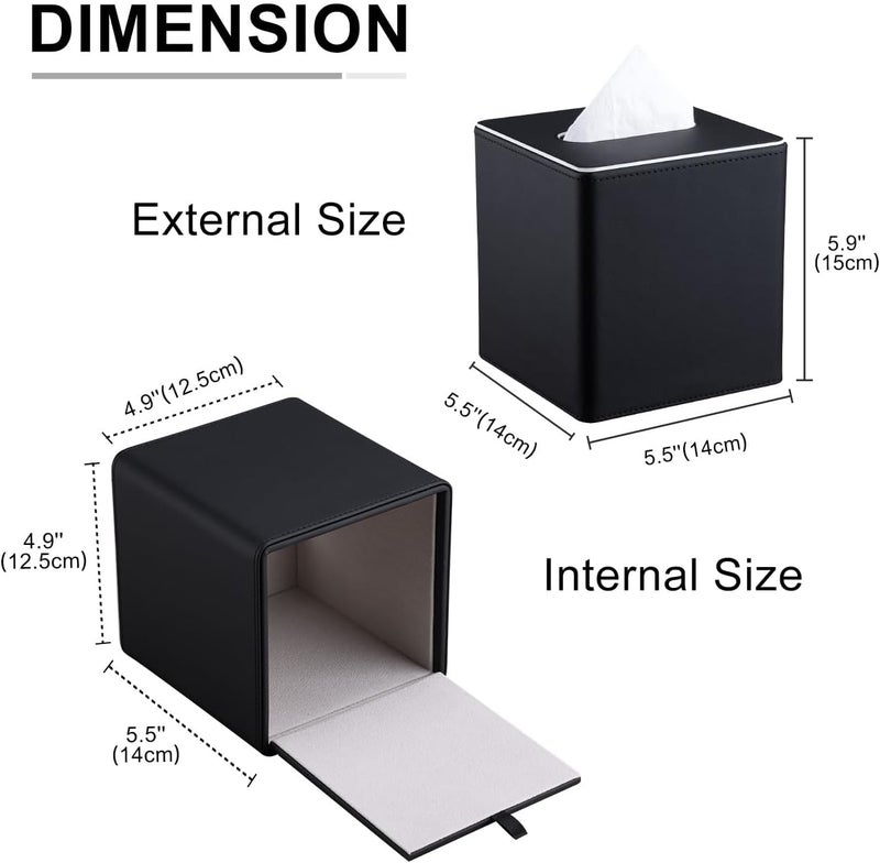 KINGFOM Leather Tissue Box Cover – Square Modern PU Leather Tissue Holder, Cube Tissue Dispenser for Home, Office, Bedroom, Bathroom – Elegant Minimalist Style (Black-Square) - Image 2