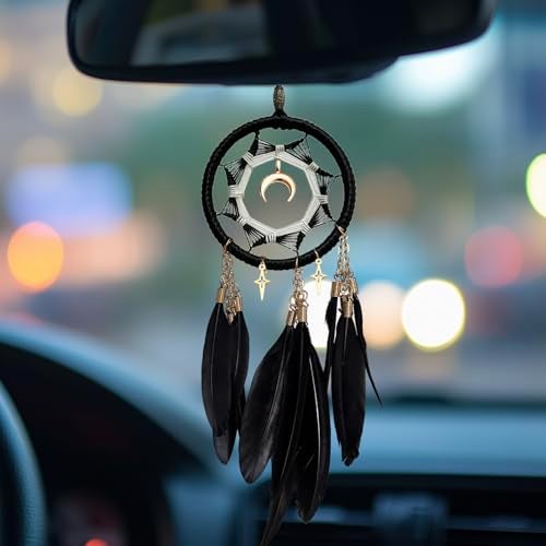 DeiryuRay Dream Catchers for Car Small Moon Dream Cather Rear View Mirror Hanging Decor Car Charms Pendant Gift for Adults Black - Image 1
