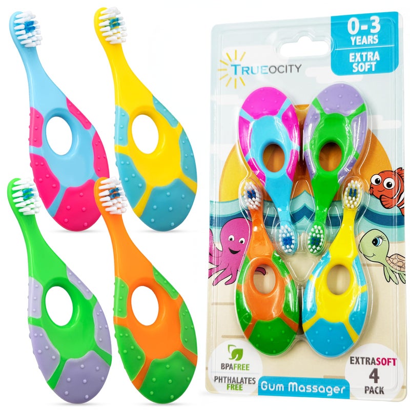 Baby Toothbrush 4 Pack Toddler Toothbrush Age 12 Bonus Silicone Finger Brush Soft Bristles Toddler Toothbrushes Infant Training wTeething Handle 02 Years Multi Color Set