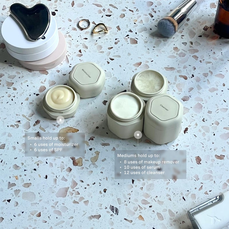 Cadence Travel Containers - Core Skincare Set - Magnetic Containers with Lids,2 Small (0.56oz) & 3 Medium (1.32oz) - Cleanser, Moisturizer, Serum, Makeup Remover & Sun Icon Labels - Sand - Image 4