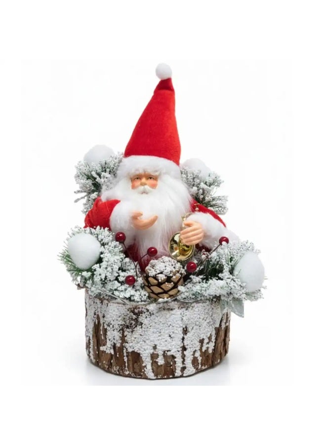 Christmas Decoration Santa Claus Figure In Basket Decorated With Snow And Flowers- White And Red