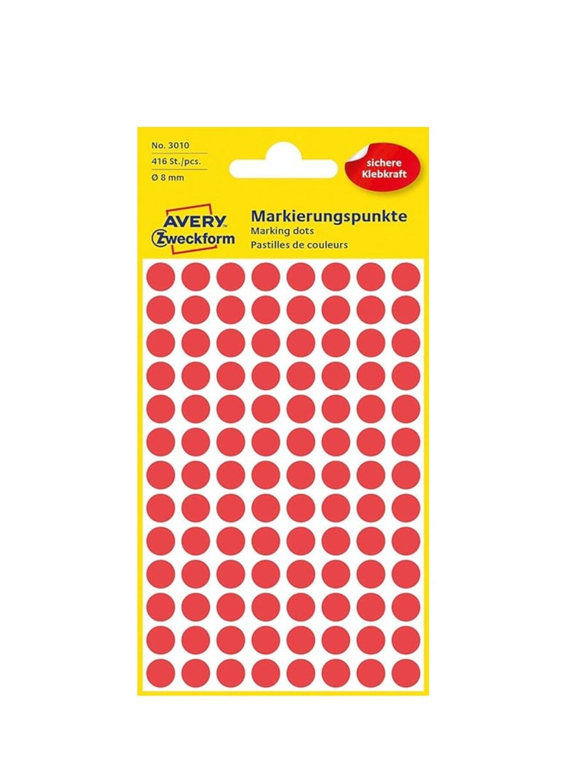Avery 32-301 Self Adhesive Dots/Circle Labels - Red (Diameter 8 mm, 70 per Sheet, 560 Total) - Image 1