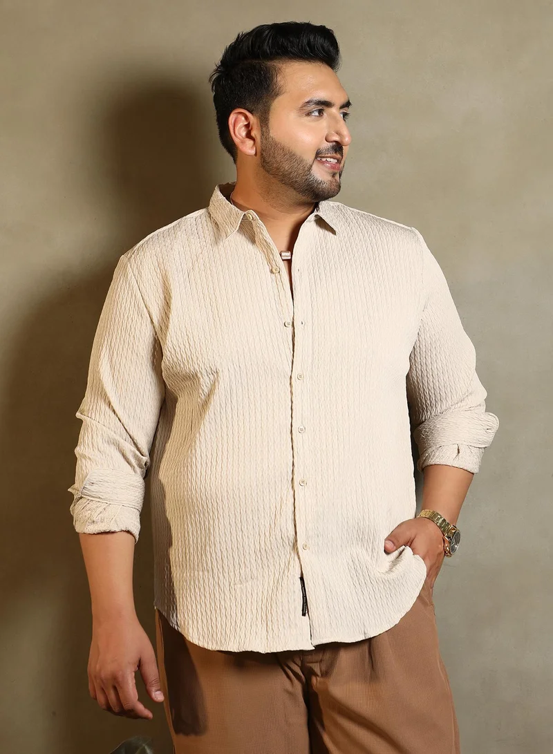 Instafab Plus Instafab Plus Men's Ecru Beige Braid-Lined Tactile Shirt For Casual Wear | Spread Collar | Long Cuffed Sleeves | Button Closure | Plus Size Shirt Crafted With Comfort Fit For Everyday Wear