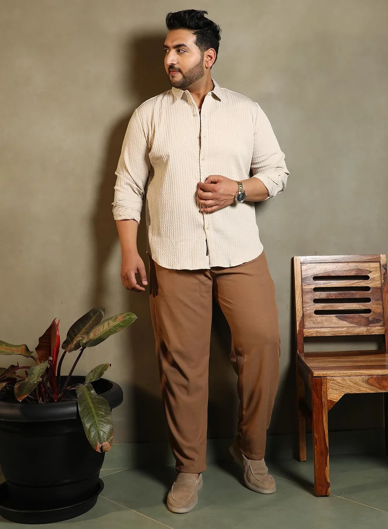 Instafab Plus  Instafab Plus Men's Ecru Beige Braid-Lined Tactile Shirt For Casual Wear | Spread Collar | Long Cuffed Sleeves | Button Closure | Plus Size Shirt Crafted With Comfort Fit For Everyday Wear for Men | Best Price UAE