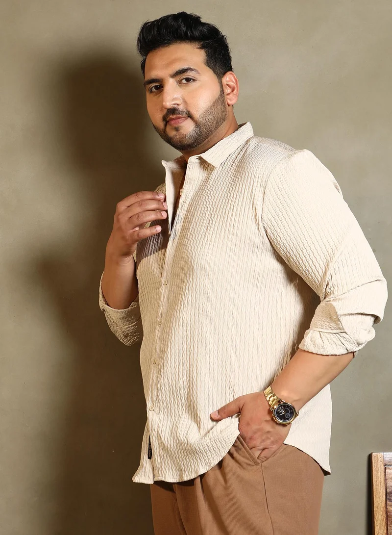 Instafab Plus  Instafab Plus Men's Ecru Beige Braid-Lined Tactile Shirt For Casual Wear | Spread Collar | Long Cuffed Sleeves | Button Closure | Plus Size Shirt Crafted With Comfort Fit For Everyday Wear for Men | Best Price UAE