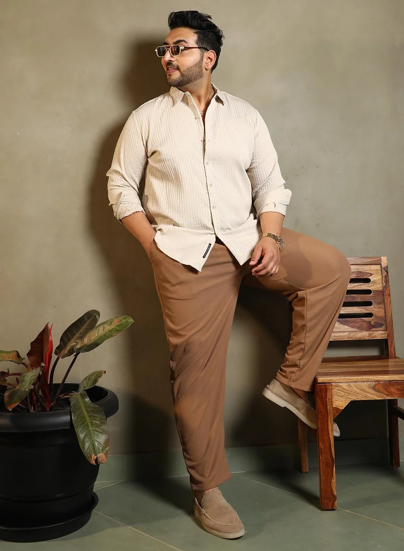 Instafab Plus  Instafab Plus Men's Ecru Beige Braid-Lined Tactile Shirt For Casual Wear | Spread Collar | Long Cuffed Sleeves | Button Closure | Plus Size Shirt Crafted With Comfort Fit For Everyday Wear for Men | Best Price UAE