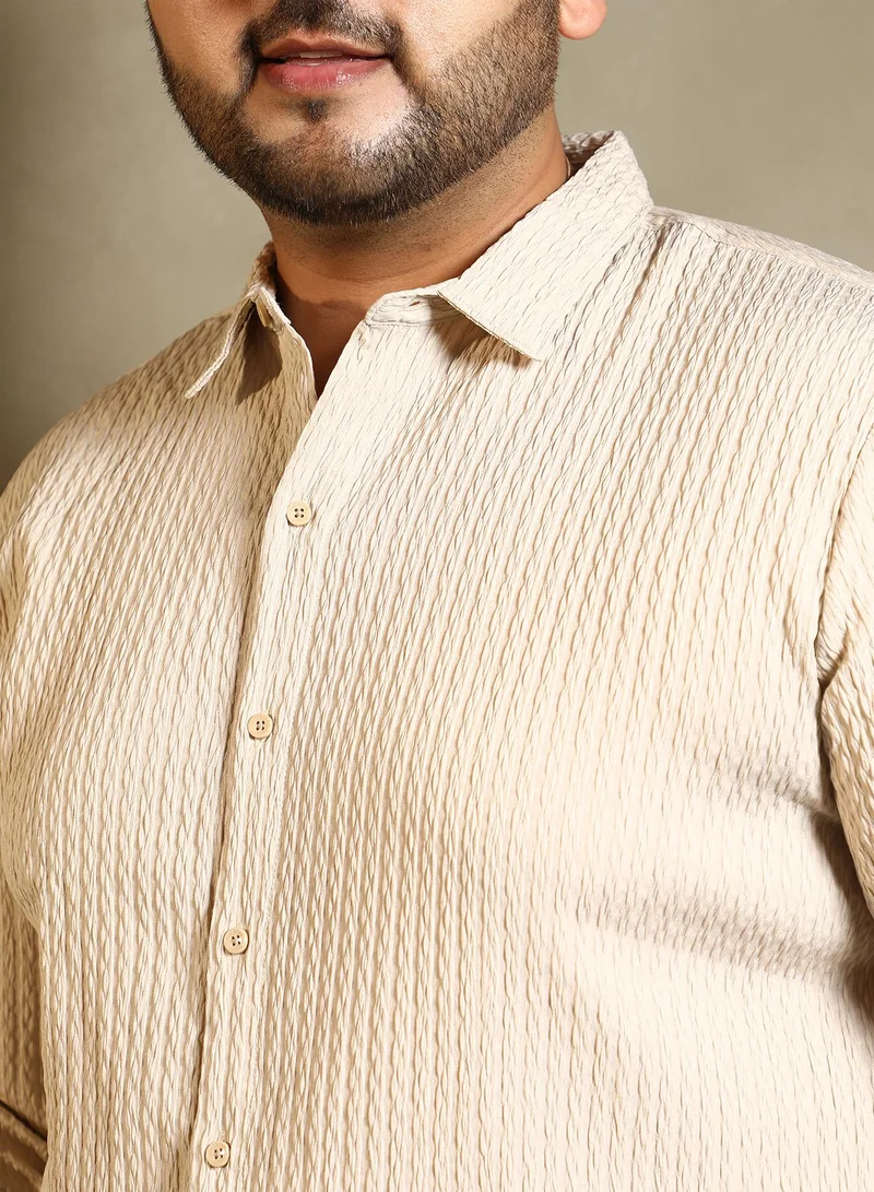 Instafab Plus  Instafab Plus Men's Ecru Beige Braid-Lined Tactile Shirt For Casual Wear | Spread Collar | Long Cuffed Sleeves | Button Closure | Plus Size Shirt Crafted With Comfort Fit For Everyday Wear for Men | Best Price UAE