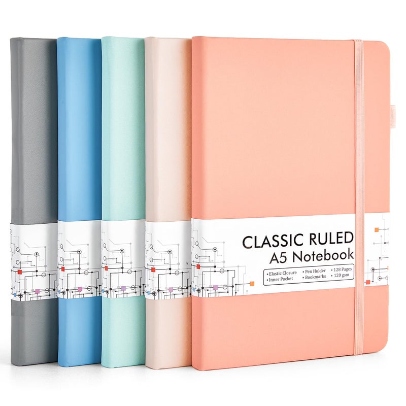 feela 5 Pack Notebooks Journals Bulk, Hardcover Classic Ruled Lined Journals with Pen Holder for Women Girls School Business Supplies, with 5 Black Pens, 120 GSM, 5.1â€x8.3â€, A5, Mild Colors - Image 1