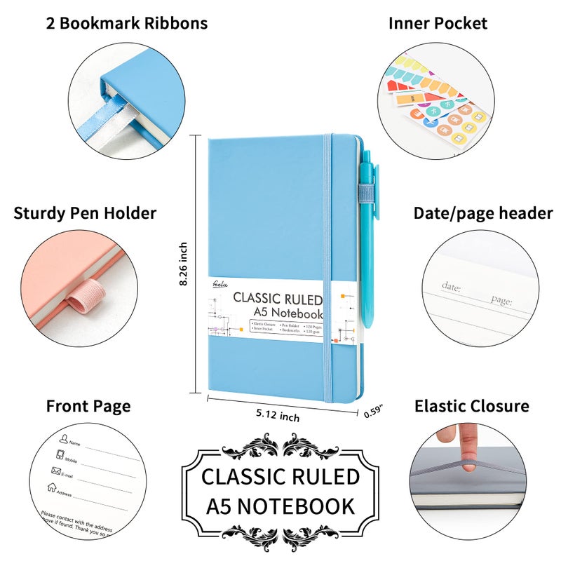 feela 5 Pack Notebooks Journals Bulk, Hardcover Classic Ruled Lined Journals with Pen Holder for Women Girls School Business Supplies, with 5 Black Pens, 120 GSM, 5.1â€x8.3â€, A5, Mild Colors - Image 2