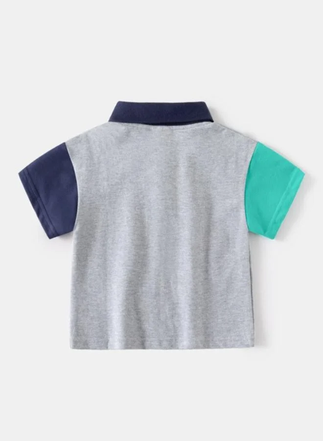 YUNIQEE Grey Polo Collar Short Sleeve Applique Tshirt & Shorts