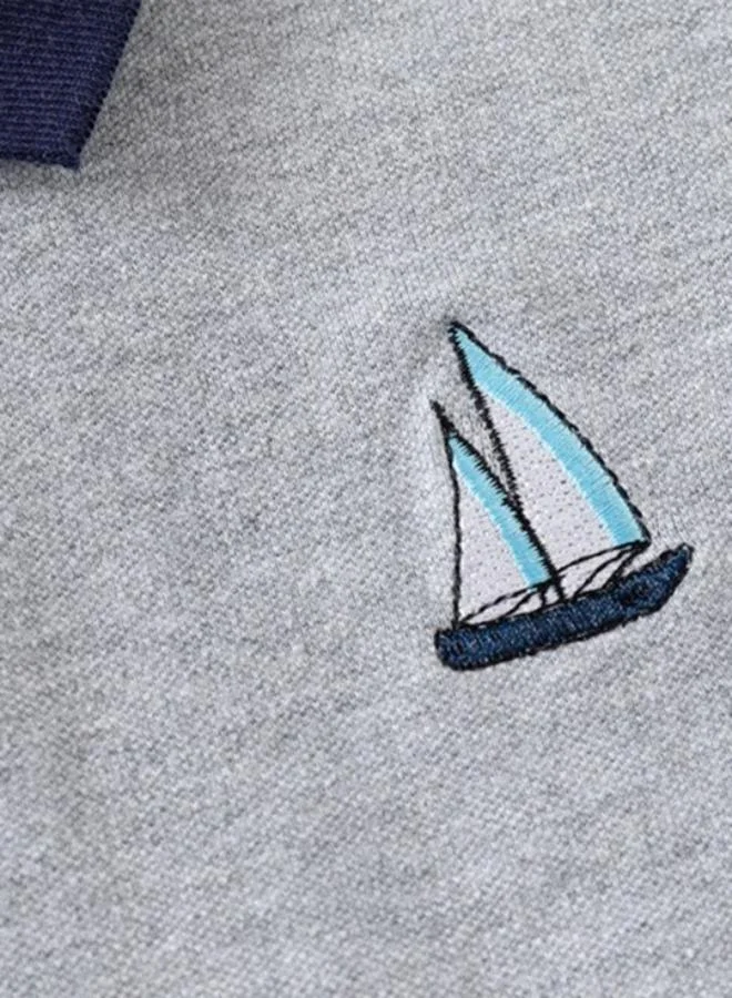 YUNIQEE Grey Polo Collar Short Sleeve Applique Tshirt & Shorts