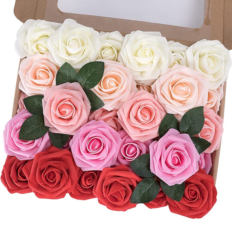MACTING Artificial Rose Flowers 30PCS Fake Flowers with Stem Real Touch Soft Foam Rose for Valentines Day Gifts Wedding Bouquet Baby Shower Table Centerpieces Spring Decorations,Gradual Red Series - Image 1