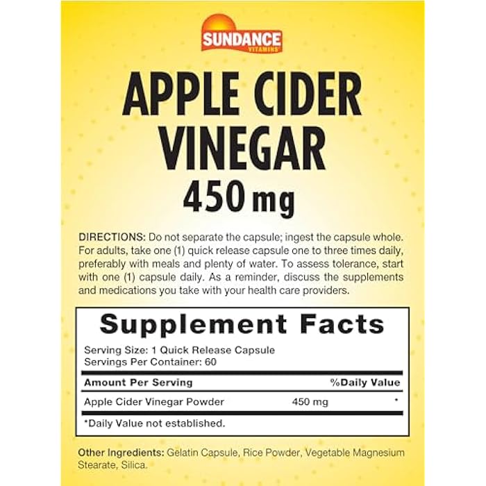 Sundance Apple Cider Vinegar Capsules | 450mg | 60 Count | Non-GMO and Gluten Free Supplement - Image 2