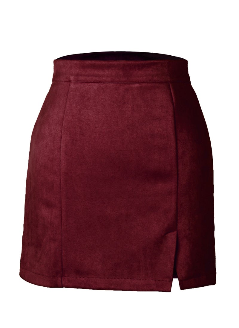 Loquat - Women's Hip Wrap High Waist Solid Color Zipper Short Mini Skirts Side Slit Pencil Skirt Wine Red - Image 1