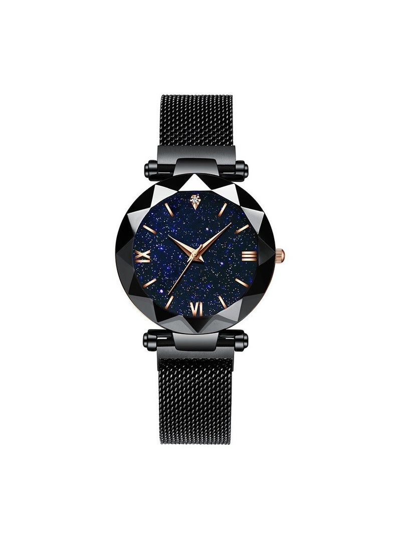 AROAQ ساعة يد نسائية أنيقة، ساعة يد نسائية مرصعة بالنجوم المغناطيسية، ساعة يد متينة وقوية من الفولاذ المقاوم للصدأ، ساعة يد نسائية بحزام شبكي بإبزيم مغناطيسي، (قطعة واحدة، أسود) - Image 1