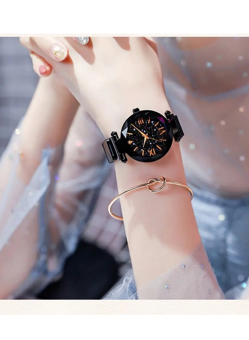 AROAQ ساعة يد نسائية أنيقة، ساعة يد نسائية مرصعة بالنجوم المغناطيسية، ساعة يد متينة وقوية من الفولاذ المقاوم للصدأ، ساعة يد نسائية بحزام شبكي بإبزيم مغناطيسي، (قطعة واحدة، أسود) - Image 4