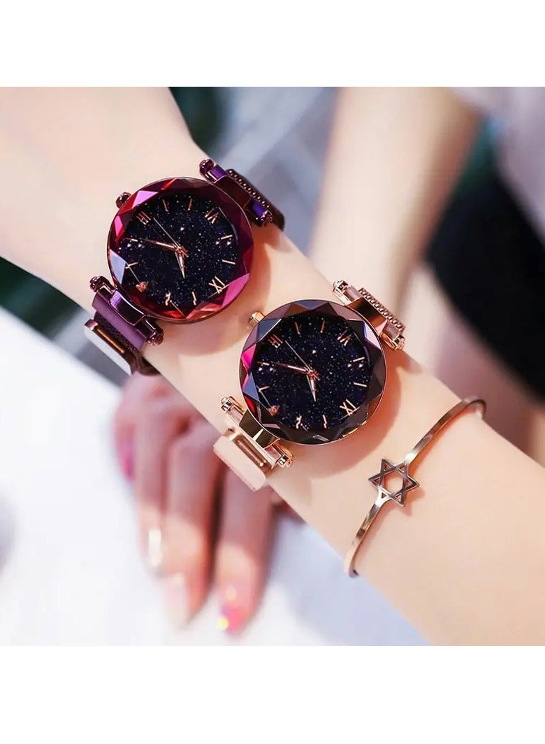AROAQ ساعة يد نسائية أنيقة، ساعة يد نسائية مرصعة بالنجوم المغناطيسية، ساعة يد متينة وقوية من الفولاذ المقاوم للصدأ، ساعة يد نسائية بحزام شبكي بإبزيم مغناطيسي، (قطعة واحدة، أسود) - Image 3