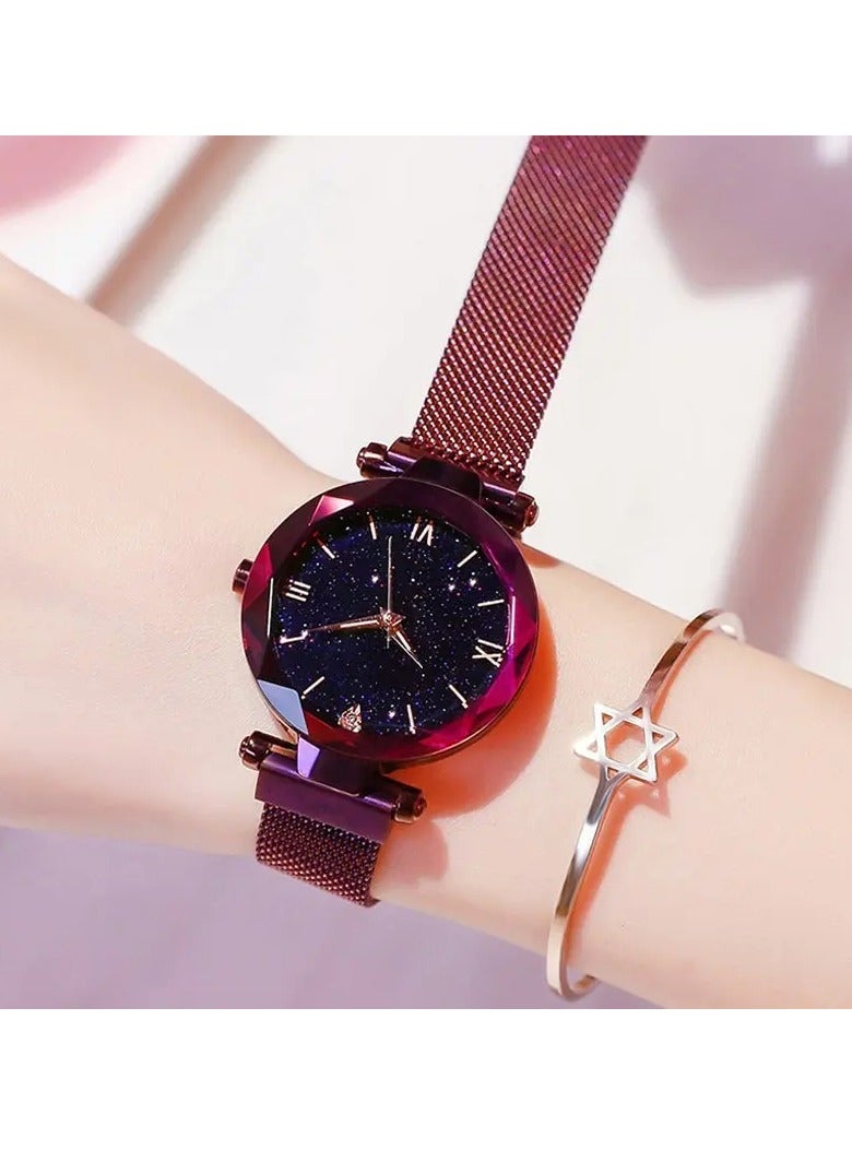 AROAQ ساعة يد نسائية أنيقة، ساعة يد نسائية مرصعة بالنجوم المغناطيسية، ساعة يد متينة وقوية من الفولاذ المقاوم للصدأ، ساعة يد نسائية بحزام شبكي بإبزيم مغناطيسي، (قطعة واحدة، أسود) - Image 2