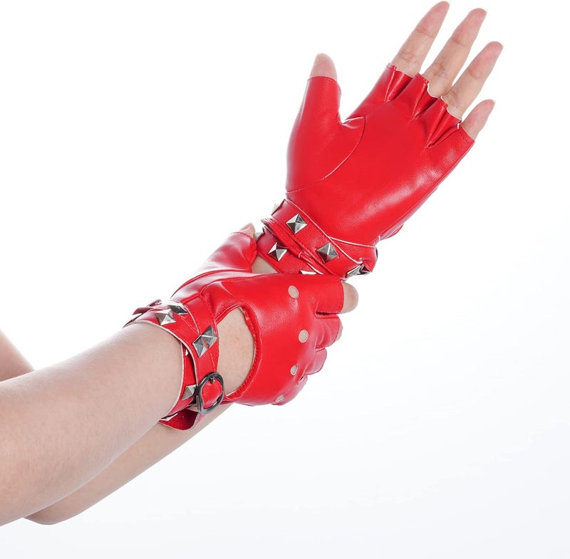 Nydotd Women Punk Rivets Half Finger PU Leather Performance Costume Fingerless Gloves - Image 4