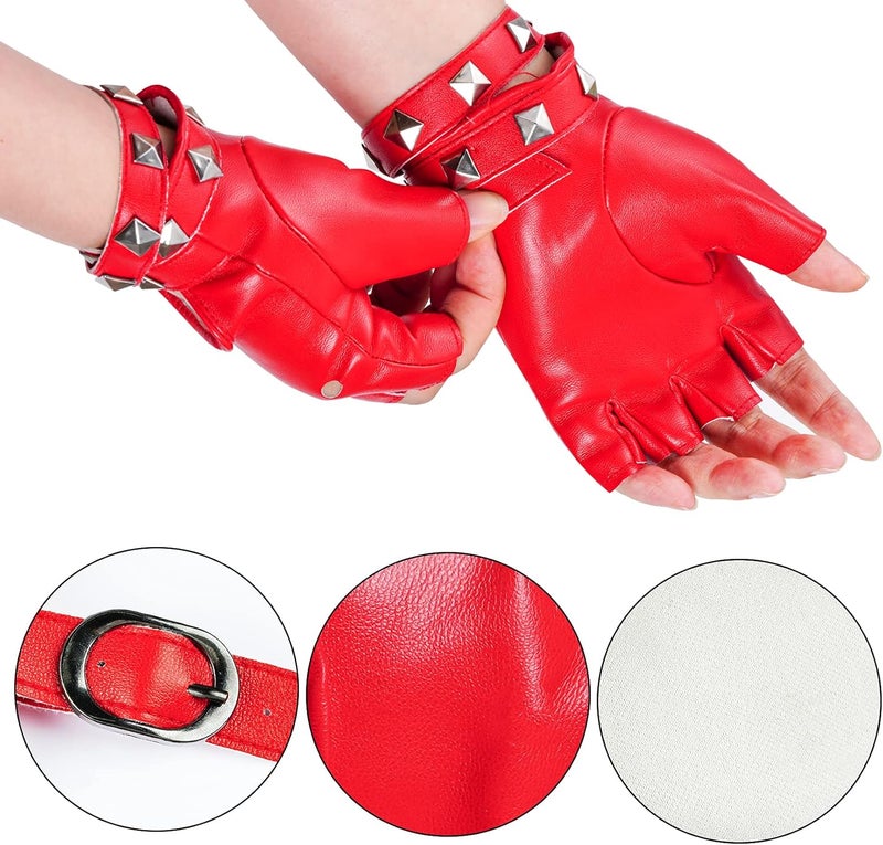 Nydotd Women Punk Rivets Half Finger PU Leather Performance Costume Fingerless Gloves - Image 3