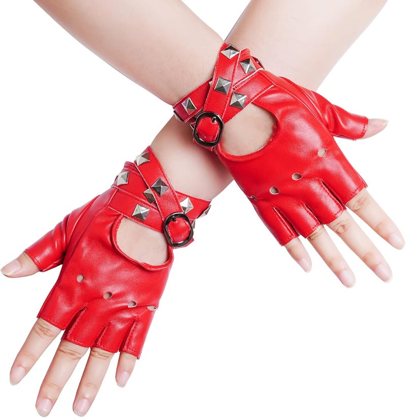 Nydotd Women Punk Rivets Half Finger PU Leather Performance Costume Fingerless Gloves - Image 1