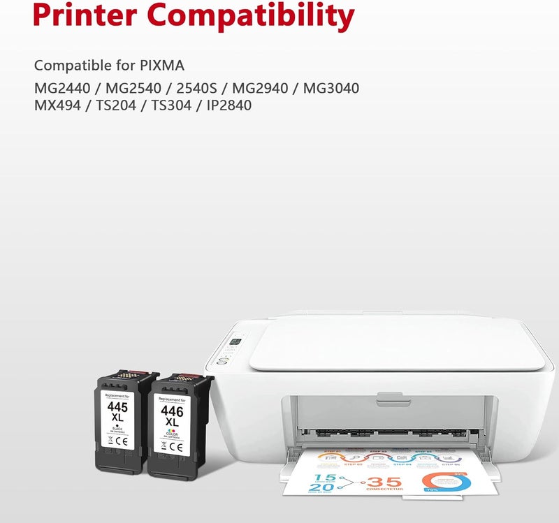 PG-445XL CL-446XL 445 446 Ink Cartridges High Yield Replacement for Canon 445 446 Ink Cartridges for Canon Ink 445 446 Compatible with Canon Lp2840 Mg2440 Mg2540 Mg2940 Printers (2 Pack, 445XL 446XL） - Image 2