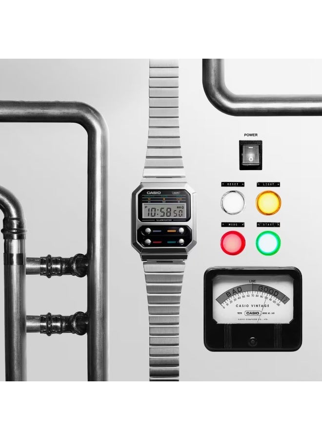 CASIO A100WE-1A Vintage Digital Quartz Watch, 40.7 mm Silver Dial, Resin Case & Stainless Steel Bracelet, Water-Resistant - Image 2