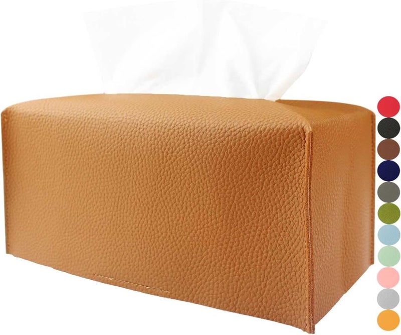 JESMINI Tissue Box Cover Rectangular Leather – with Bottom Belt [, Camel] Modern PU Leather Rectangle Tissue Holder Decorative for Bathroom Vanity Countertop/Night Stands/Office Desk - Image 1