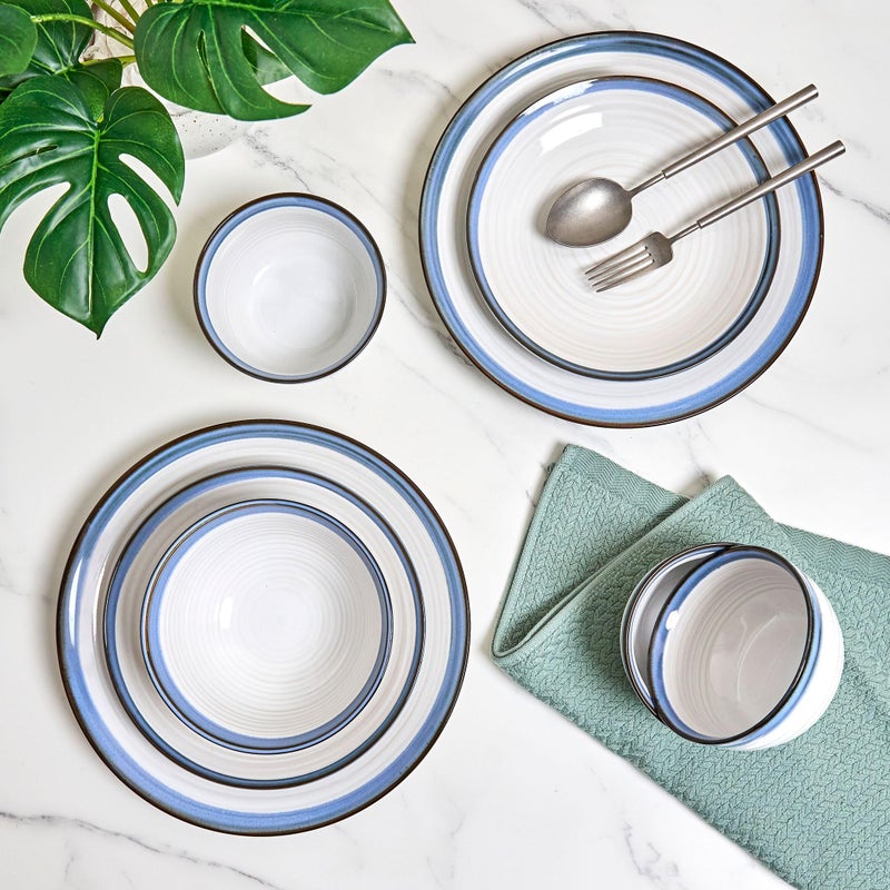 Sango Siterra Santorini 16-Piece Stoneware Dinnerware Set for 4, Ceramic White Plates and Bowls Sets with Blue Rim & Reactive Glaze, Chip Resistant Dish Set, Microwave & Dishwasher Safe Kitchen Dishes - Image 4