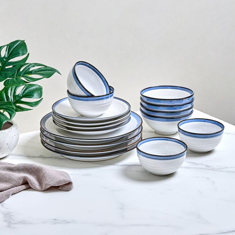 Sango Siterra Santorini 16-Piece Stoneware Dinnerware Set for 4, Ceramic White Plates and Bowls Sets with Blue Rim & Reactive Glaze, Chip Resistant Dish Set, Microwave & Dishwasher Safe Kitchen Dishes - Image 5