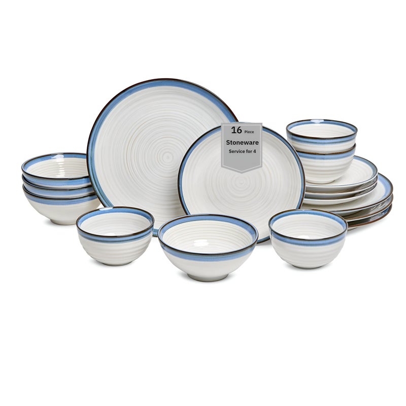 Sango Siterra Santorini 16-Piece Stoneware Dinnerware Set for 4, Ceramic White Plates and Bowls Sets with Blue Rim & Reactive Glaze, Chip Resistant Dish Set, Microwave & Dishwasher Safe Kitchen Dishes - Image 1