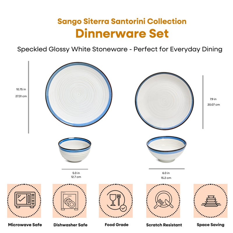 Sango Siterra Santorini 16-Piece Stoneware Dinnerware Set for 4, Ceramic White Plates and Bowls Sets with Blue Rim & Reactive Glaze, Chip Resistant Dish Set, Microwave & Dishwasher Safe Kitchen Dishes - Image 2
